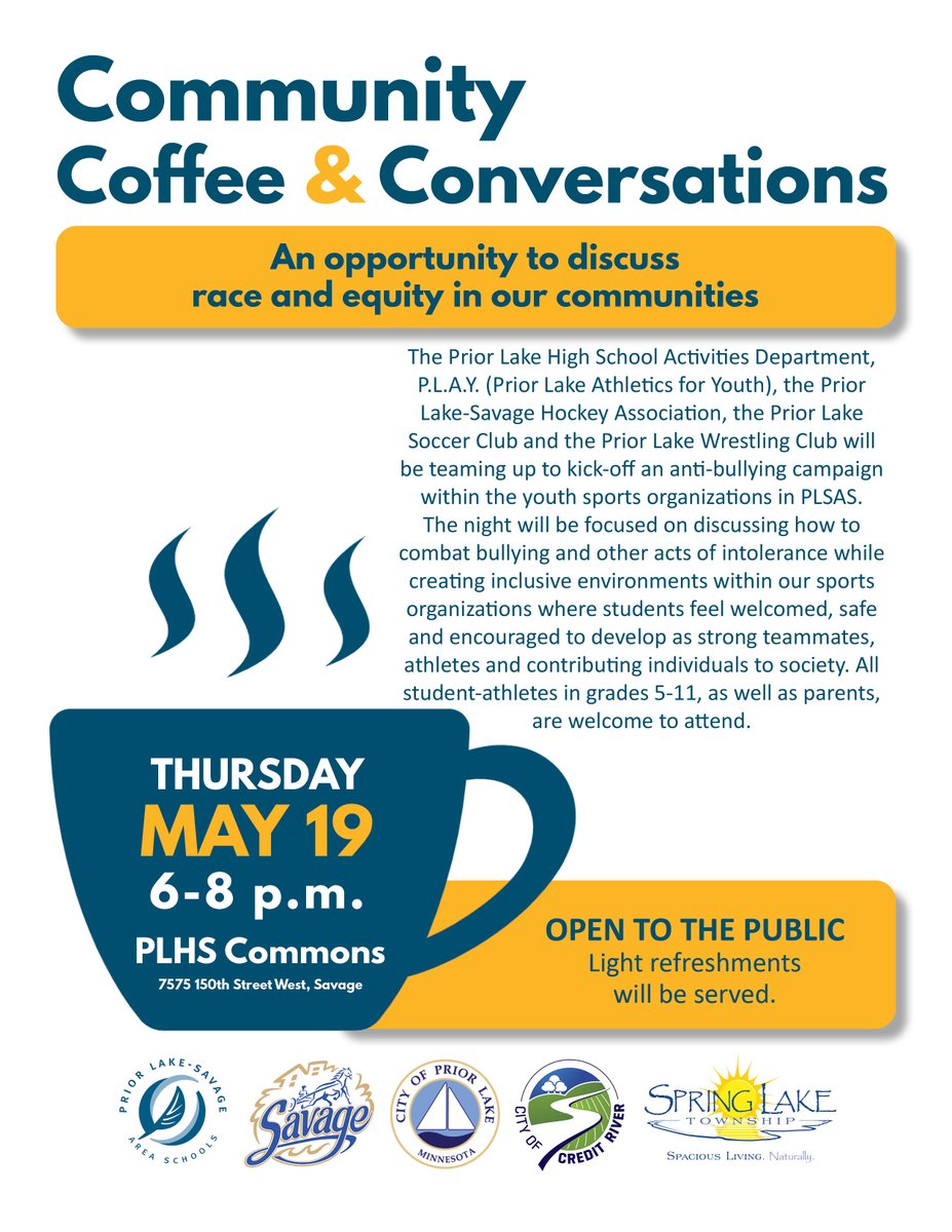 isd719's tweet image. Please join us in the Prior Lake High School Commons on May 19 for this collaborative event with the Prior Lake-Savage youth sports organizations. 

#WeArePLSASAllIn