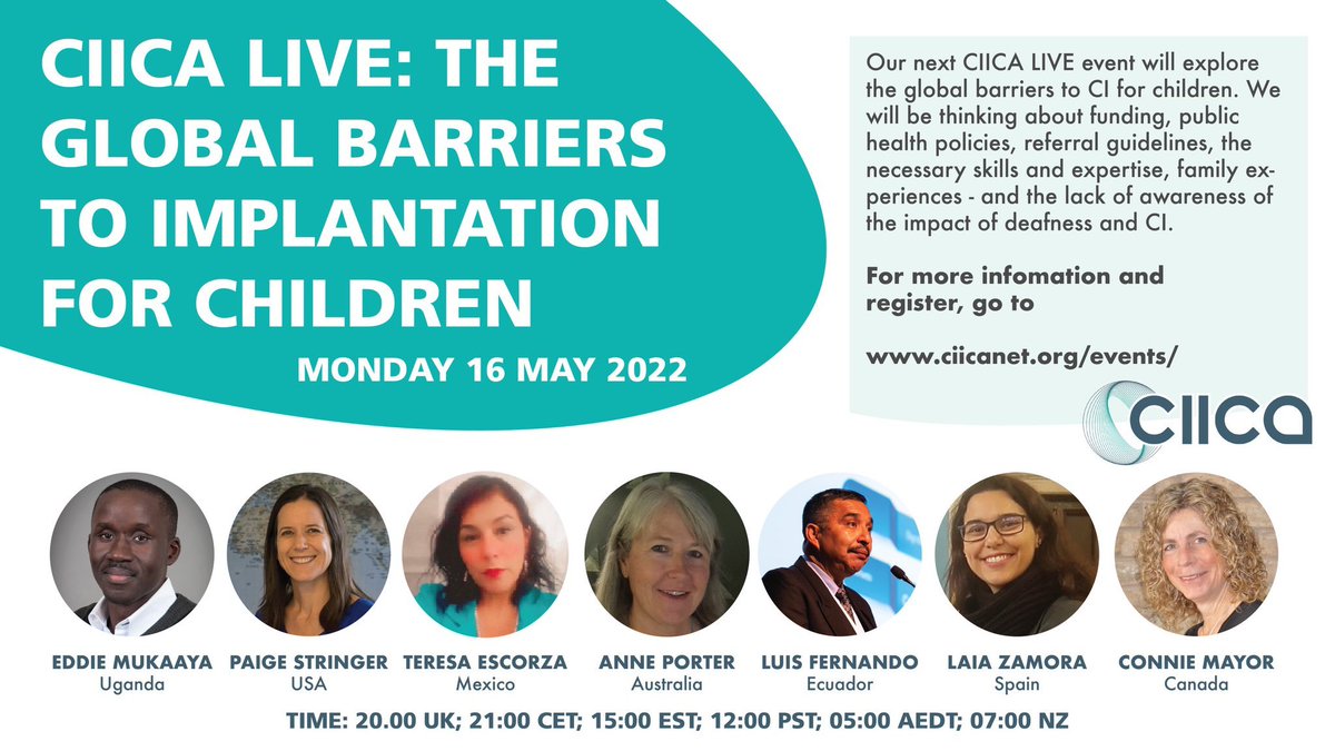 Join us at the upcoming Cochlear Implant International Community of Action (CIICA) Event on May 16! Webinar will focus on global barriers to cochlear implants for children and the services they require - and possible solutions. Register: ciicanet.org/events/