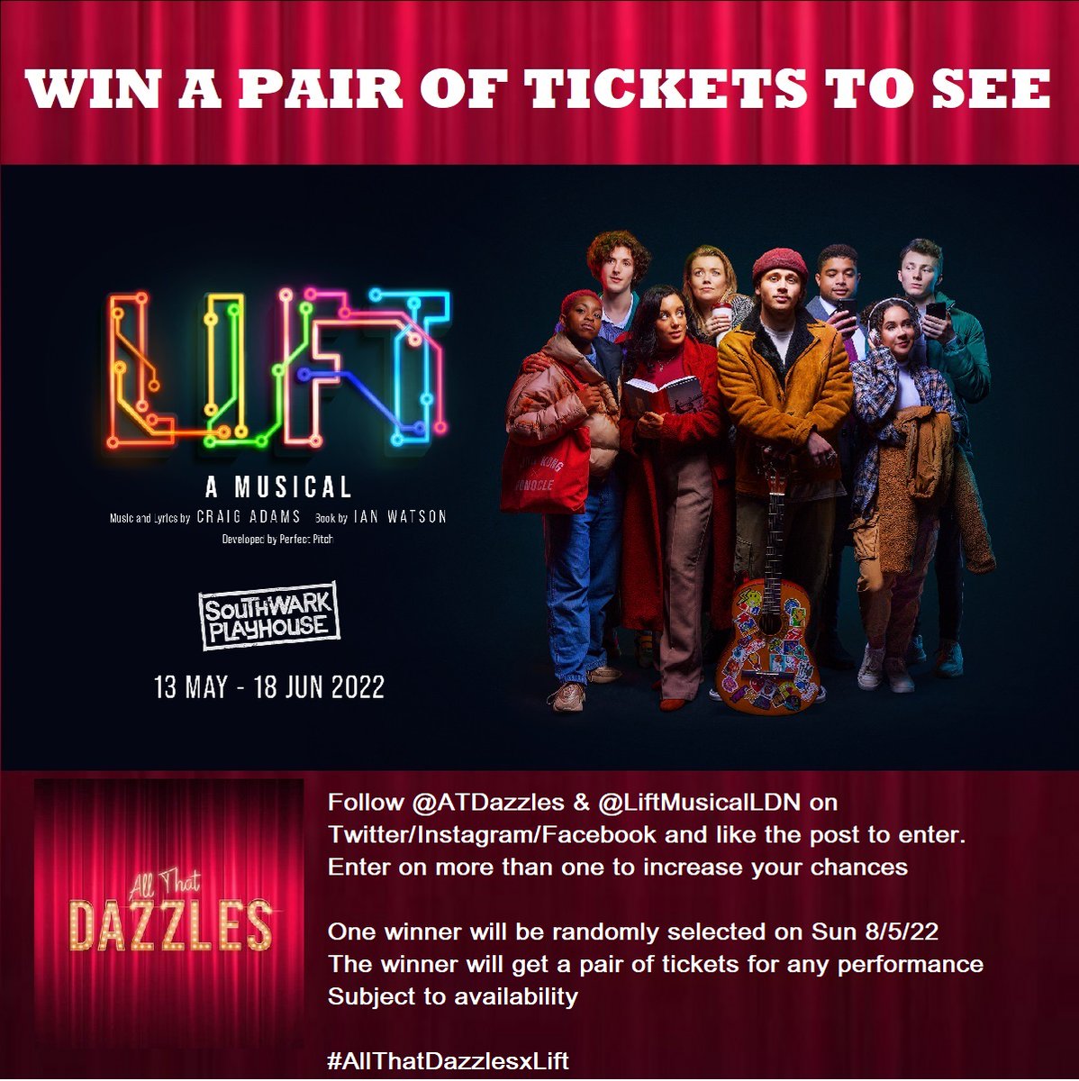 New giveaway!
I have teamed up with <a href="/liftmusicalldn/">LIFT - A Musical</a> to offer a pair of tickets to any date of your choice to see this amazing new musical at <a href="/swkplay/">Southwark Playhouse</a>.
To enter, simply like or retweet this post.
You must be following me to enter.
The winner will be randomly selected on Sun 8/5