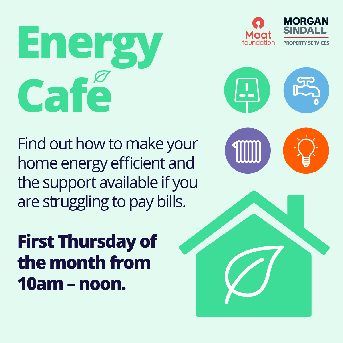 Morgan Sindall Property Services and Moat Foundation are running an Energy Café for our customers in Gillingham to provide advice and support on energy awareness. 

Join the session tomorrow, Thursday 5 May, at Gillingham Community Hub 10am - 12pm
@morgansindallps <a href="/MoatFoundation/">Moat Foundation</a>