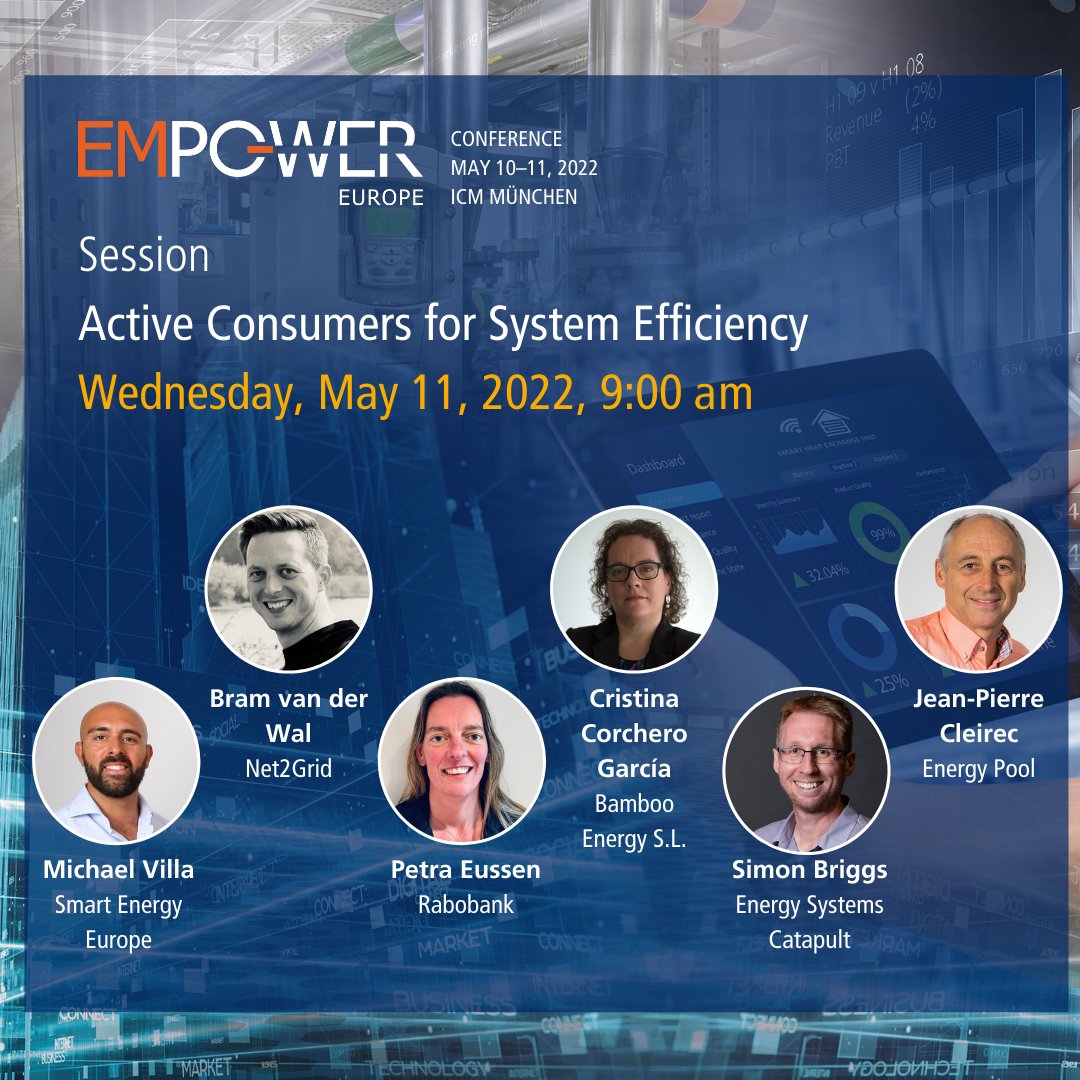 At @EMPower_energy Europe’s conference, <a href="/MikVilla86/">Michael Villa</a> will chair a session on ‘Active Consumers for #SystemEfficiency’, where our speakers will tackle the contribution of active buildings, electrified industrial processes, and smart local #energy systems.

🔗bit.ly/3FcIDVU