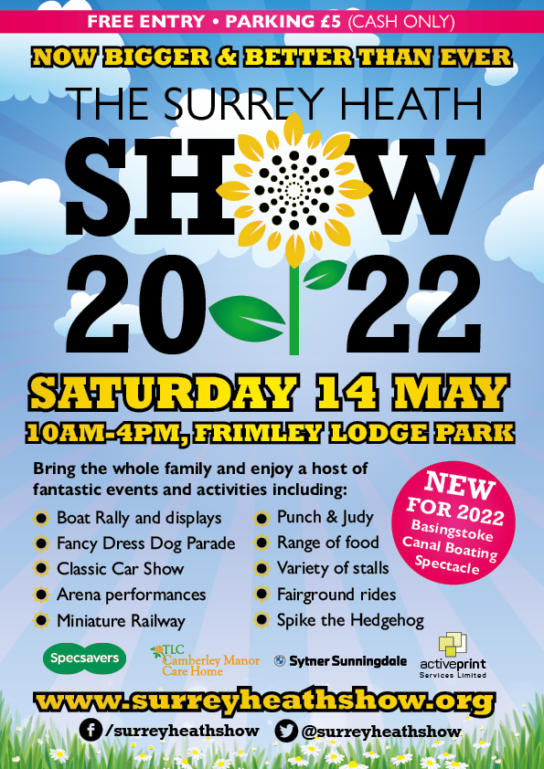 The #SurreyHeathShow takes place on Saturday 14 May and we can't wait! We've got so many exciting things planned - Miniature Railway, Classic Car Show, Arena performances, a Boat Rally organised by <a href="/BasingstokeCS/">The Basingstoke Canal Society</a>, a Fancy Dress Dog Parade, Punch and Judy and LOADS more!