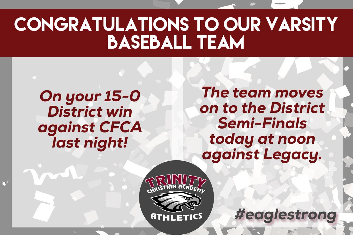 Play hard and do your best!  We will be praying for you all and cheering you on! #letsgoeagles #eaglestrong #tcadeltona #tcaathletics #varsitybaseball