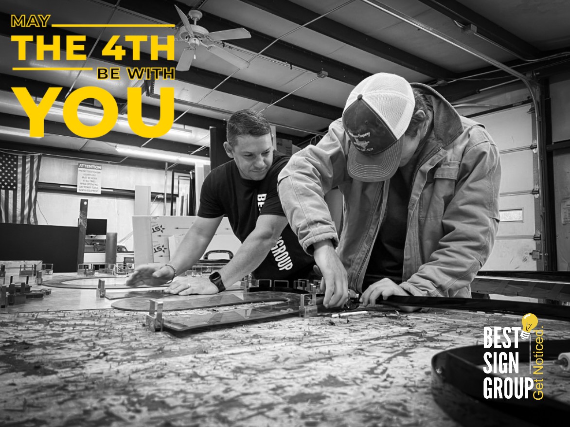 BestSignGroup's tweet image. The Sign master and his young padawan learning the ways of trim capping.  #signhumor #maythe4thbewithyou #starwars #badjokes