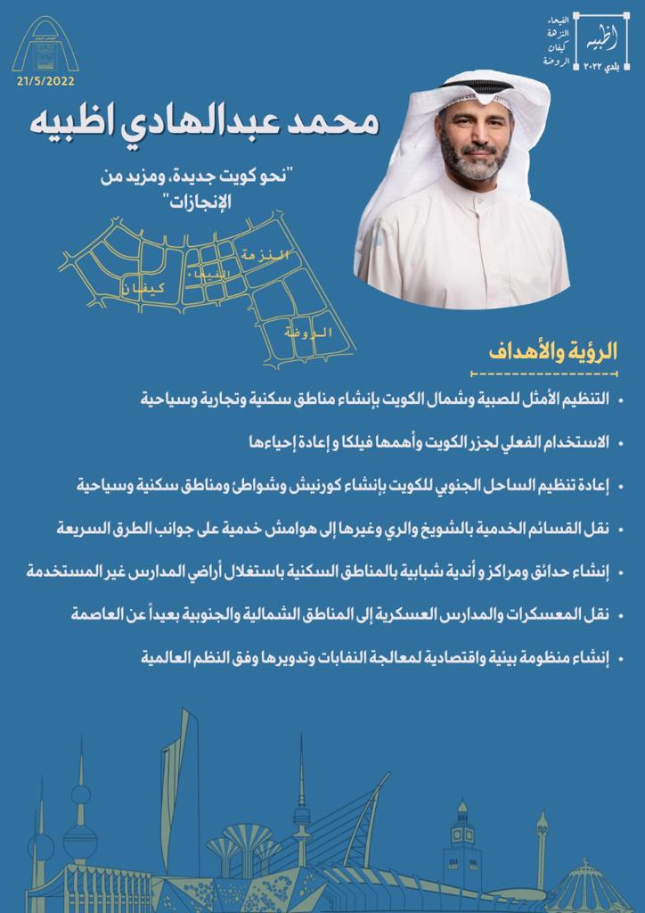 kuwaitupdatee's tweet photo. مرشح الدائرة الثالثة لانتخابات المجلس البلدي محمد عبدالهادي اظبيه.. "نحو كويت جديدة ومزيد من الإنجازات" | #أبديت_الكويت https://t.co/AcZaEKdguL