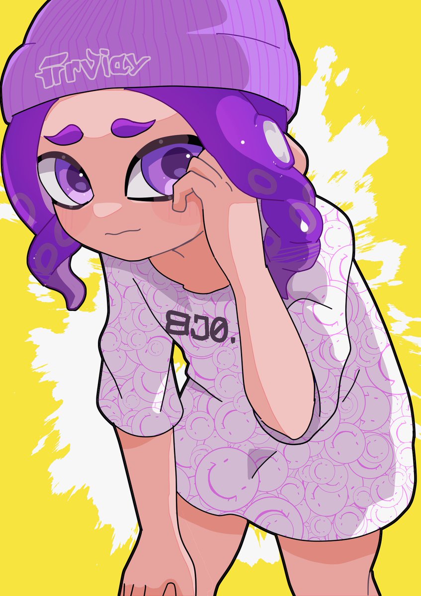 octoling ,octoling girl 1girl solo hat purple hair yellow background purple eyes tentacle hair  illustration images