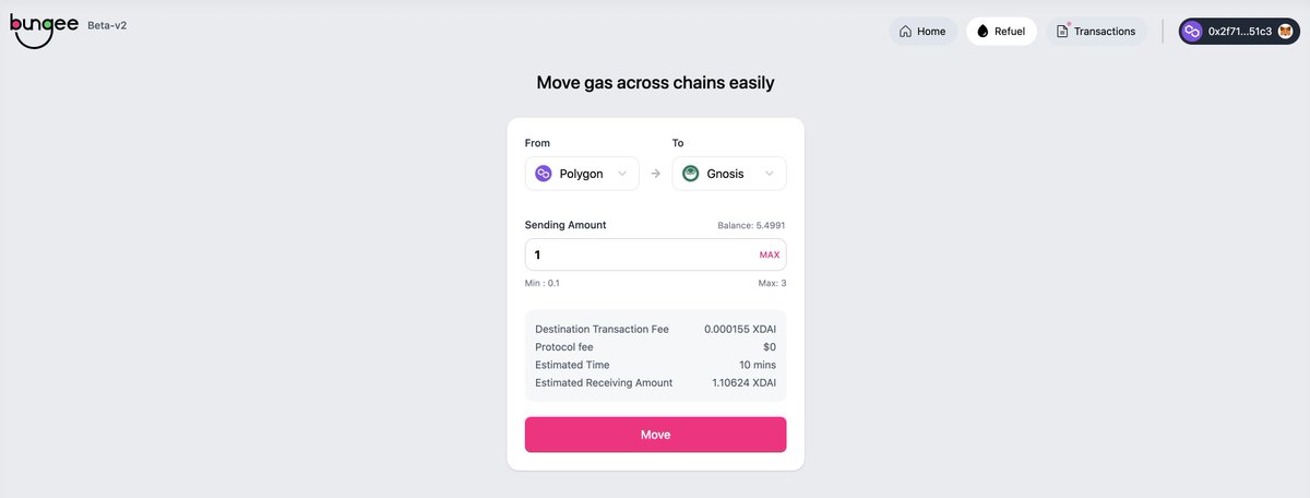 🌉 Ever bridge funds using <a href="/HopProtocol/">HopProtocol</a> or an aggregator like <a href="/BungeeExchange/">Bungee</a> but you don't have tokens on the destination chain to pay transaction fees?

⛽️ Here's a new tool to save you called Refuel!

👇 See below how I send/swap 1 MATIC on Polygon to xDAI on Gnosis chain.