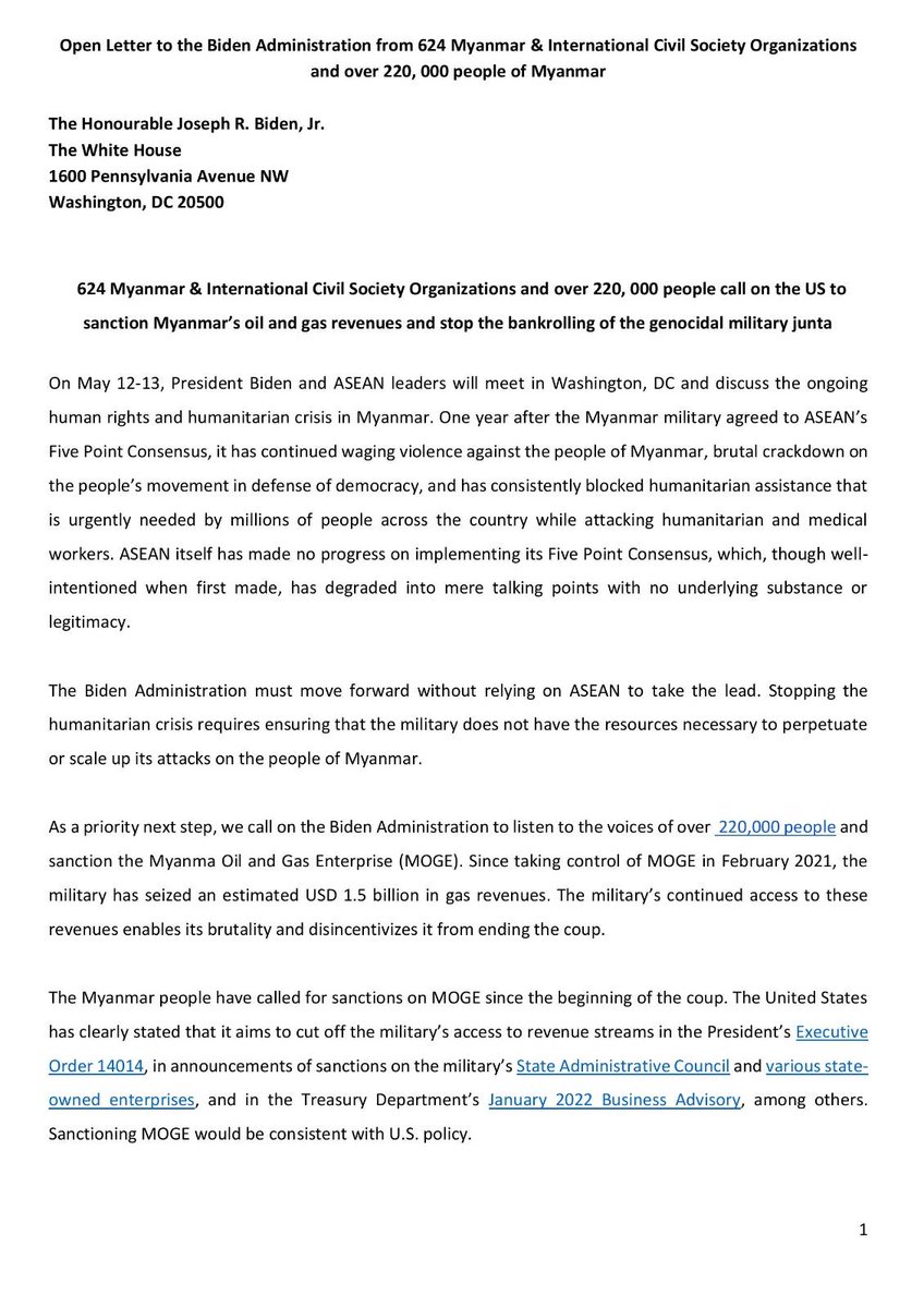 ActivistLittle's tweet photo. 624 Myanmar and International CSOs and over 220,000 people of #Myanmar 🇲🇲 call on the U.S. @POTUS to #SanctionMOGE and stop the bankrolling of the #MyanmarMilitaryTerrorists Council [SAC].

#2022May4Coup #TakeAction_NoMoreWords #WhatsHappeningInMyanmar https://t.co/pJ0mcMP91X