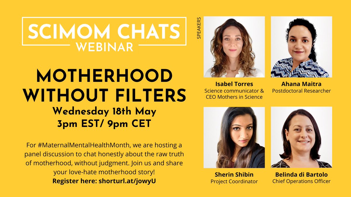 mothersinsci's tweet photo. For #MaternalMentalHealthMonth, we're hosting a panel discussion to chat honestly about the raw truth of motherhood, without filters. Traumatic birth, mental health, being judged, isolation, pressure to be perfect, mom guilt...Join us! Register: https://t.co/KwageyN2P1
@Momademia https://t.co/SZKKBSlmWo