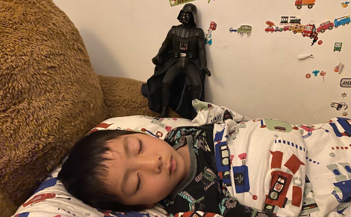 Some kids like to sleep with a nightlight to feel safe. Mine prefer the watchful eye of the Dark Lord of the Sith. Happy #StarWarsDay #MayTheFourthBeWithYou #MayThe4th