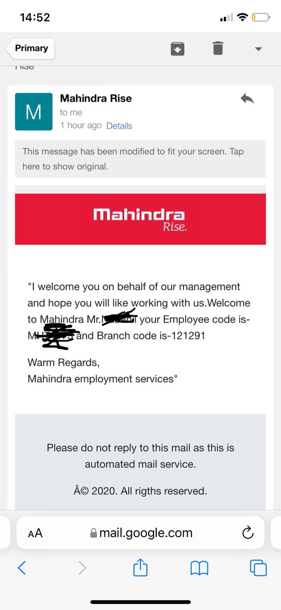 japu09's tweet photo. @MahindraRise My brother has received offer from mahindra and the recruiter has asked for 1600 for purchase of uniform. He has received mail from career@mahindra.com with the offer letter and SMS consisting emp code and branch code via MHRISE. Not sure if it is genuine or fake https://t.co/7O3qSlTTJs