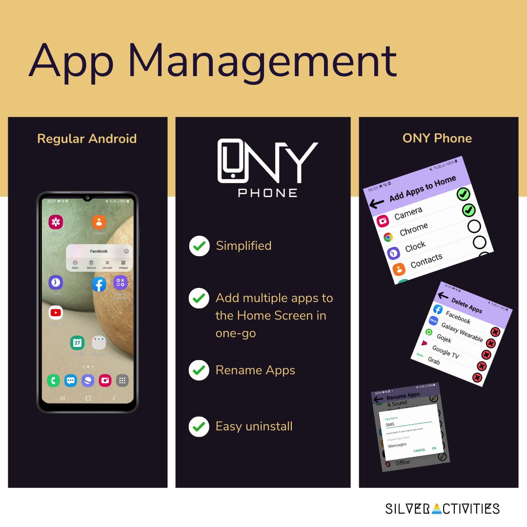 Here are few reasons why ONY #Phone's interface is better and different from regular #Android interface for #seniors? We have identified the most common actions seniors perform on their phones and made them intuitive and fuss-free.

#uiuxdesign #singapore #eldertech