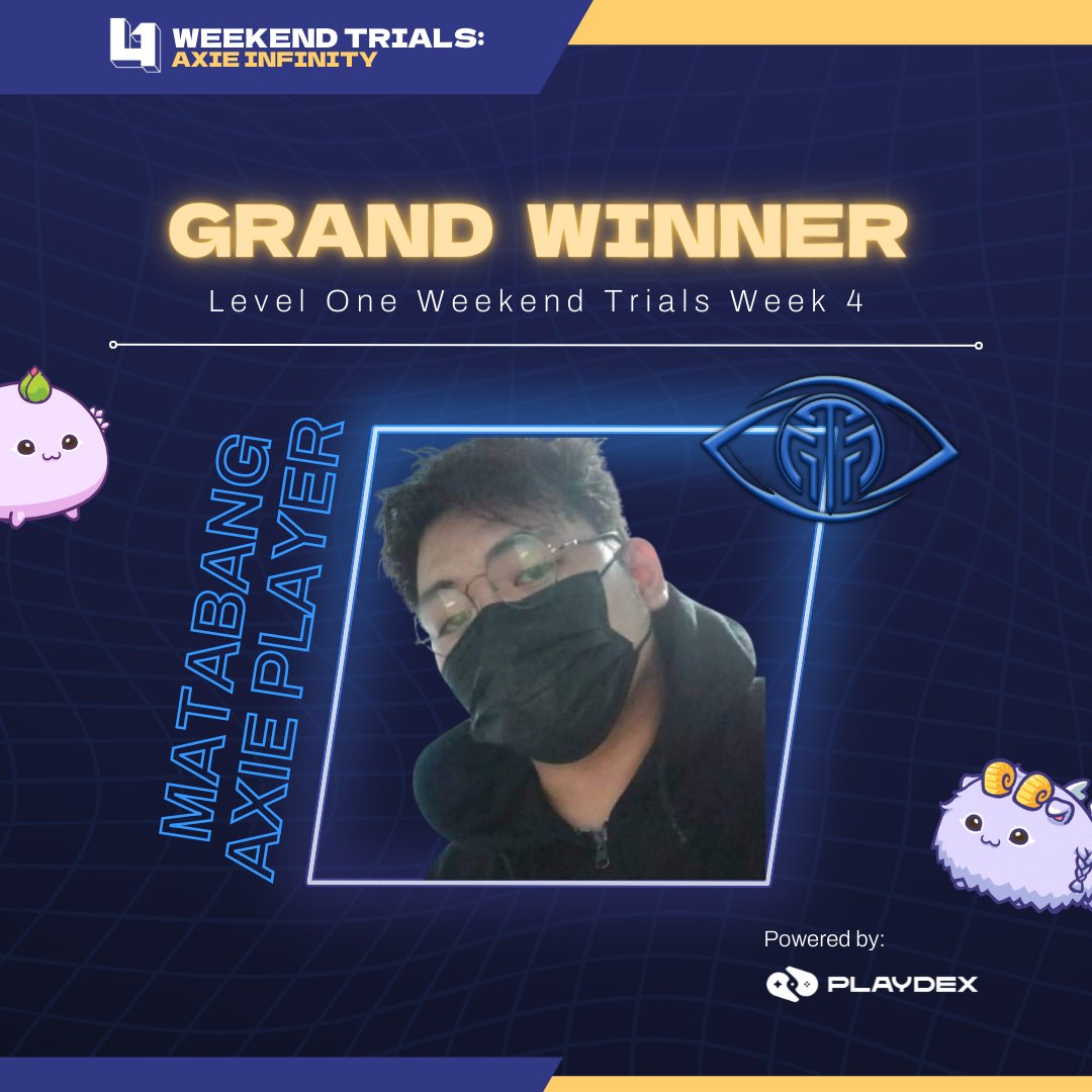 levelone_gg's tweet photo. CONGRATULATIONS, WEEK 4 WINNERS🥳 

The final installment of L1 Axie Infinity Weekend Trials  was a success and our challengers really brought battles worth watching! 💯

Meet our Grand Champion: Matabang Axie Player
FB: https://t.co/KVg2VCeuFf

#LevelOneGaming
#PoweredbyPlaydex https://t.co/U626818yXw