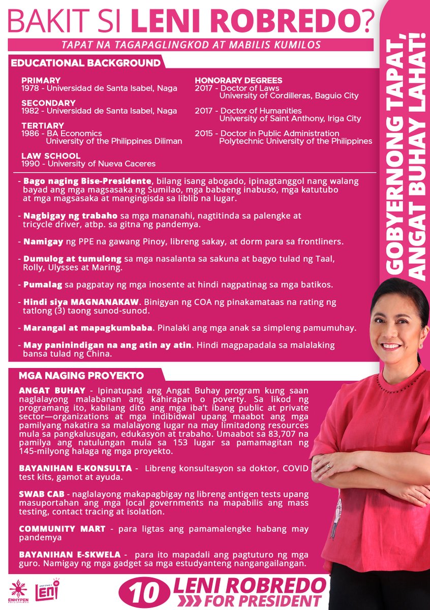 enhypen_phi's tweet photo. WHY LENI ROBREDO?
BAKIT SI LENI ROBREDO?

Please find time to read the facts below. We know you are smart enough to digest everything if you are willing to. 🌸🌾

VOTE SMART. VOTE WISELY.
@KPOPSTANS4LENI 

#LetLeniKikoLead 
#KulayRosasAngBukas 
#Ipana7oNa10to 
#ENGENEsForLeniKiko https://t.co/OeRuezVa8A
