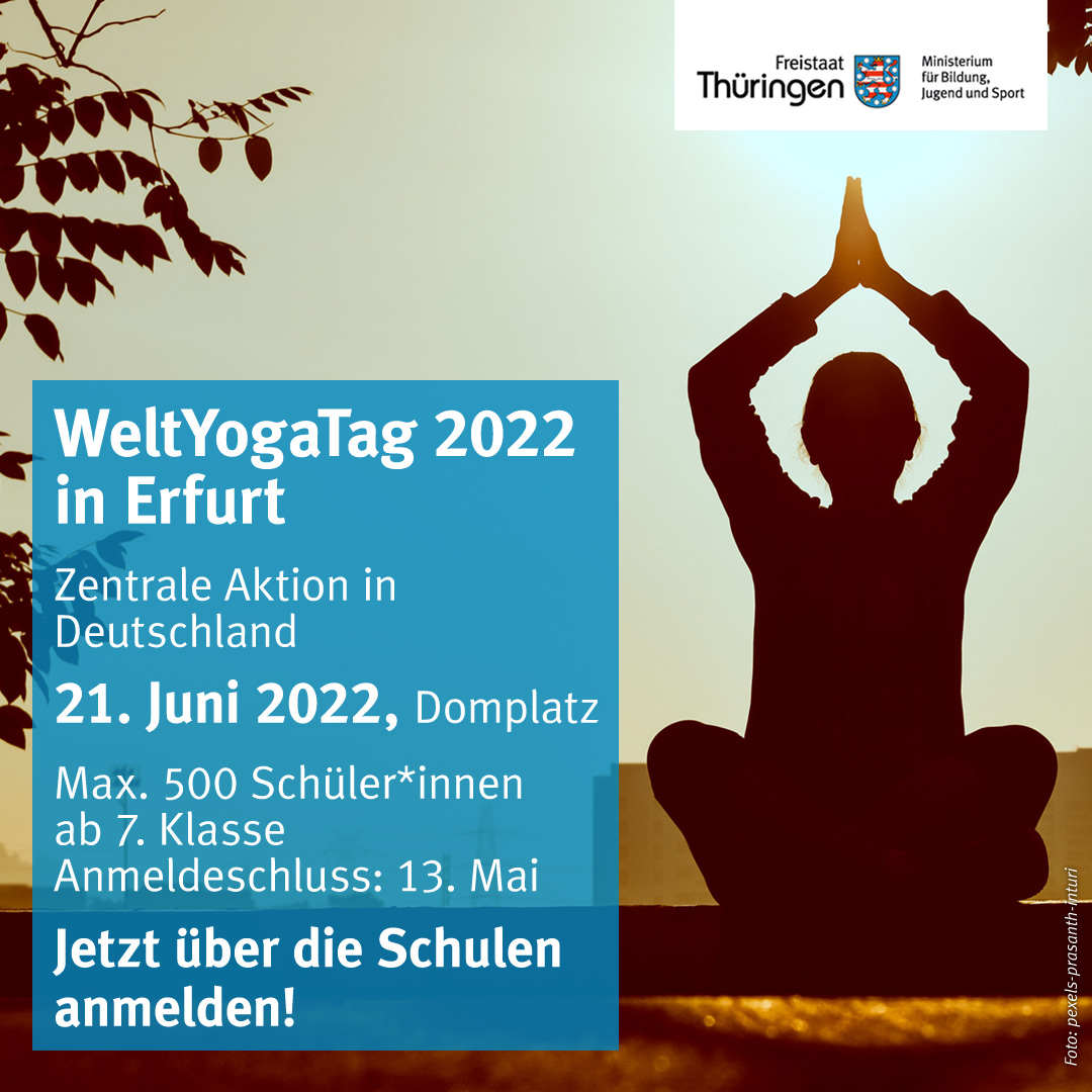 📢Zum #WeltYogaTag 🧘am 21. Juni 2022 lädt die Indische Botschaft 500 Thüringer Schülerinnen und Schüler ab Klassenstufe 7 ein, sich an der zentralen Veranstaltung in Deutschland auf dem Domplatz in #Erfurt zu beteiligen.
👉 Infos &amp; Anmeldung: bildung.thueringen.de/aktuell/weltyo… | <a href="/eoiberlin/">India in Germany</a>