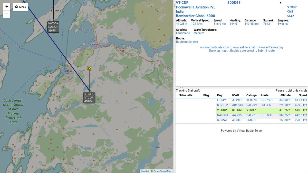 ObanADSB's tweet image. #VTCDP : 3.6 mi away @ 41000 ft, hdg SE @ 583.4mi/h 11:19:48. ''