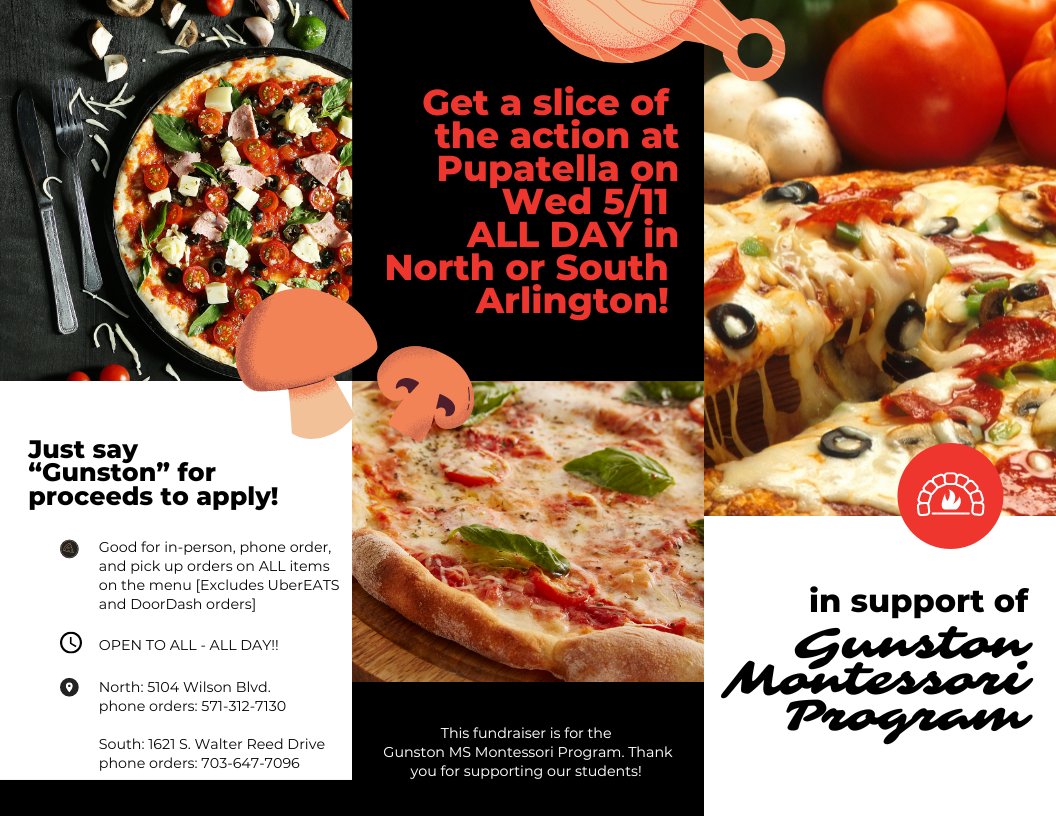 MPSA alumni @ Gunston Montessori are hosting a fundraiser at Pupatella!

Wed. 5/11 - All day, all menu items, both locations 
Code: GUNSTON 

✅ Dine in, phone order, pick up
⛔️ Excludes UberEATS and DoorDash orders
