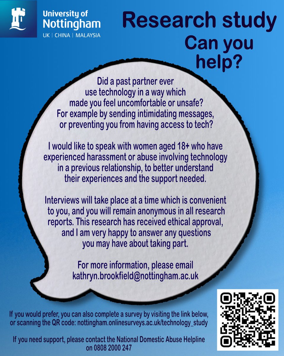 techabuse_study's tweet image. Would you be interested in sharing your thoughts and experiences around abuse and technology, including what information should be available and what support should look like?

Please only get in touch if you are no longer in your relationship and it is safe for you to take part.