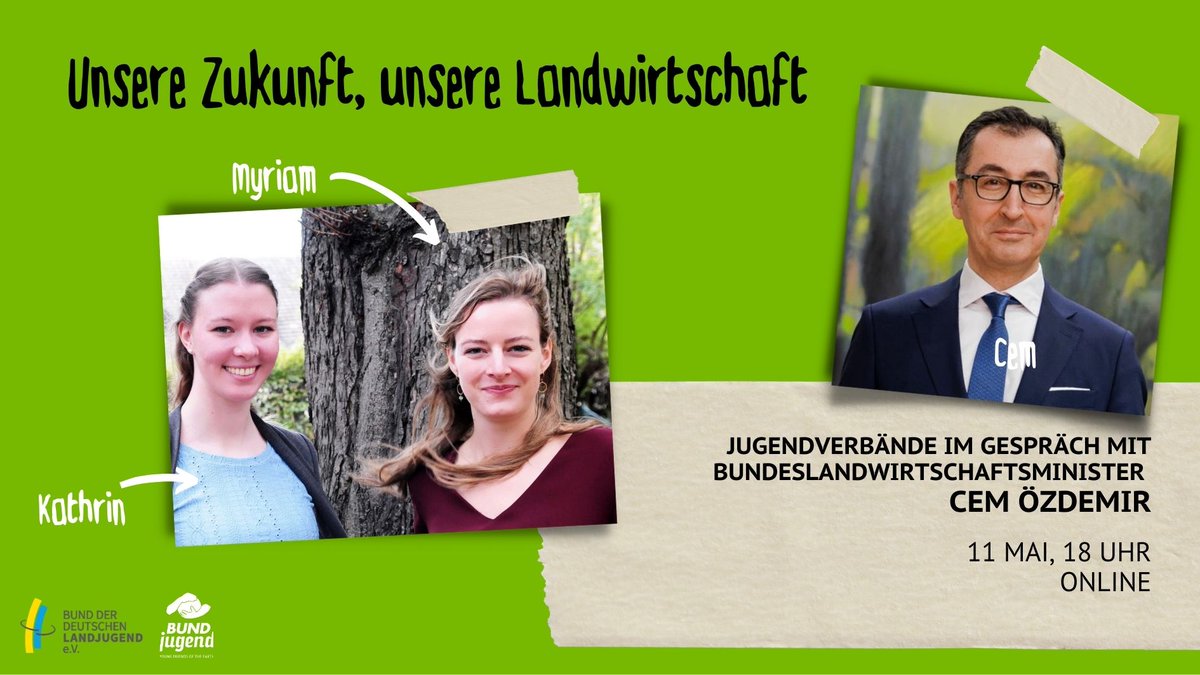 Am 11. Mai um 18 Uhr sprechen Myriam Rapior (#BUNDjugend), Kathrin Muus (#Landjugend) und weitere Jugendvertreter*innen aus der Landwirtschaft mit Cem Özdemir über die Zukunft der #Landwirtschaft.
Sei online dabei und melde dich jetzt an: bundjugend.de/termin/jugendv… #ZKL