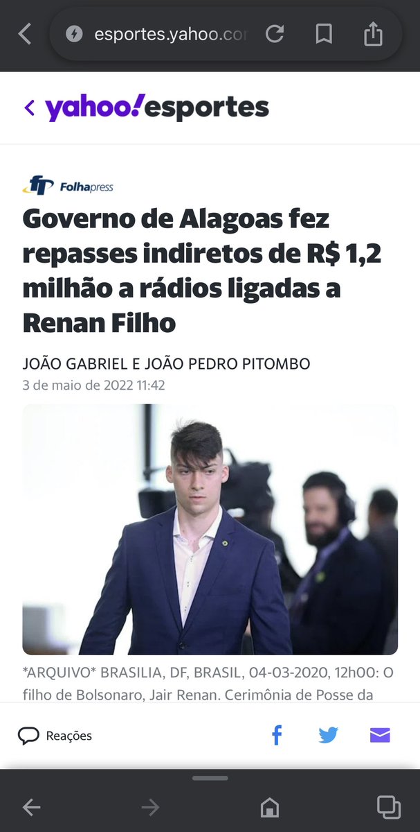 BolsonaroSP's tweet photo. Meu Deus!!! A matéria fala do governador de Alagoas, Renan Filho, mas na foto do portal Yahoo está o Renan filho do Presidente Bolsonaro!

Erro bizarro ou canalhice proposital? https://t.co/JjuLVNJEM7