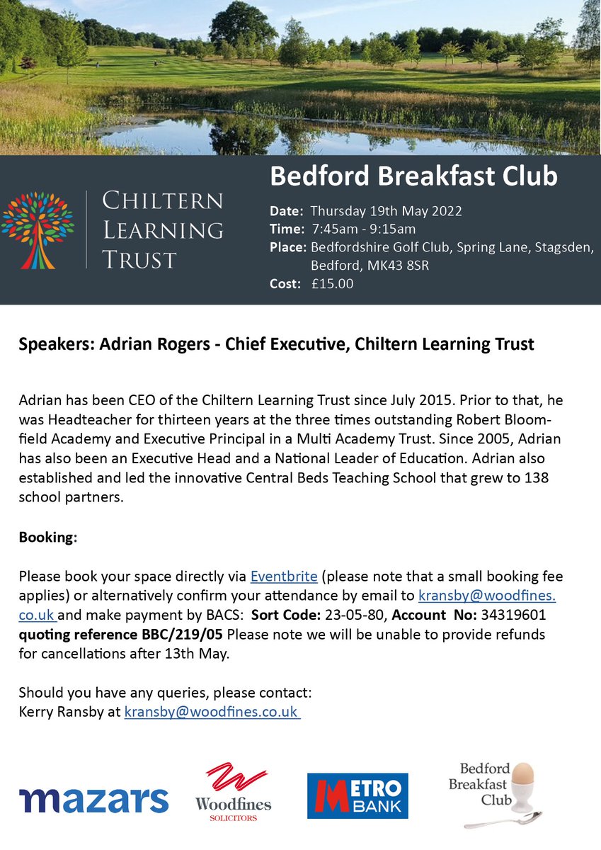 This month's #Breakfastclub will be taking place on Thursday 19 May, a change to our usual day and we are pleased to be joined by Adrian Rogers, CEO of the <a href="/ChilternLT/">Chiltern Learning Trust - Bedfordshire</a>. If you would like to join us, please book your space here 👉lnkd.in/ewWf4p-y