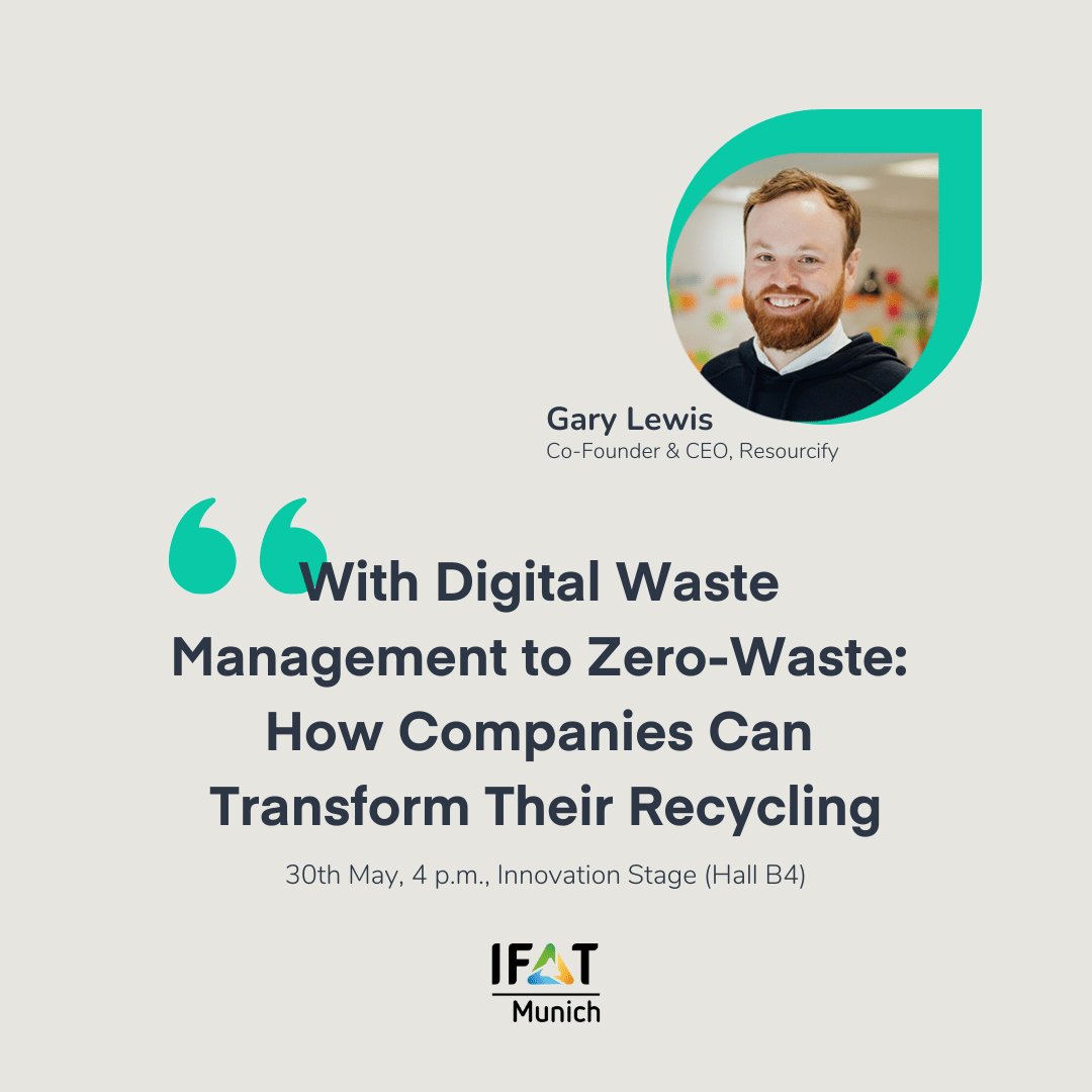 ResourcifyGmbH's tweet photo. How can companies transform their #recycling? ♻️ Join @zeroh_G at #IFAT to learn: 💻 How companies can overcome traditional #wastemanagement challenges 🔁 Why companies need to start thinking more circular today 🗑 How companies can close the loop &amp; work towards #zerowaste. https://t.co/3EYEGqc4OT