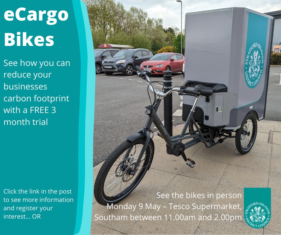 how can your business reduce its carbon footprint in south Warwickshire? trial the e cargo bike free for three months! stratford.gov.uk/parking-roads-… Meet the team in #Southam on 9 May between 11am and 2pm #lowcarbon #business #buyandeatlocal with @StratfordDC and @pashleycycles