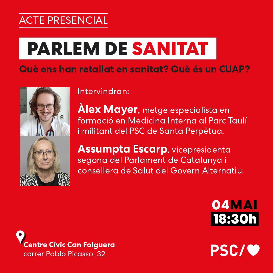 📣AVÍS‼️ Ens veiem aquesta tarda!

👉 Parlem de #Sanitat 
Què ens han retallat? Què es un CUAP?
T’esperem:

🗓️ Dimecres 4 de maig
📍 Centre Cívic Can Folguera (c. Pau Picasso, 32)
⏲️ 18.30h

Amb <a href="/aescarp/">assumpta escarp</a> y <a href="/DrAMayer/">Alex Mayer</a> 

#santaperpetua
#sompsc
