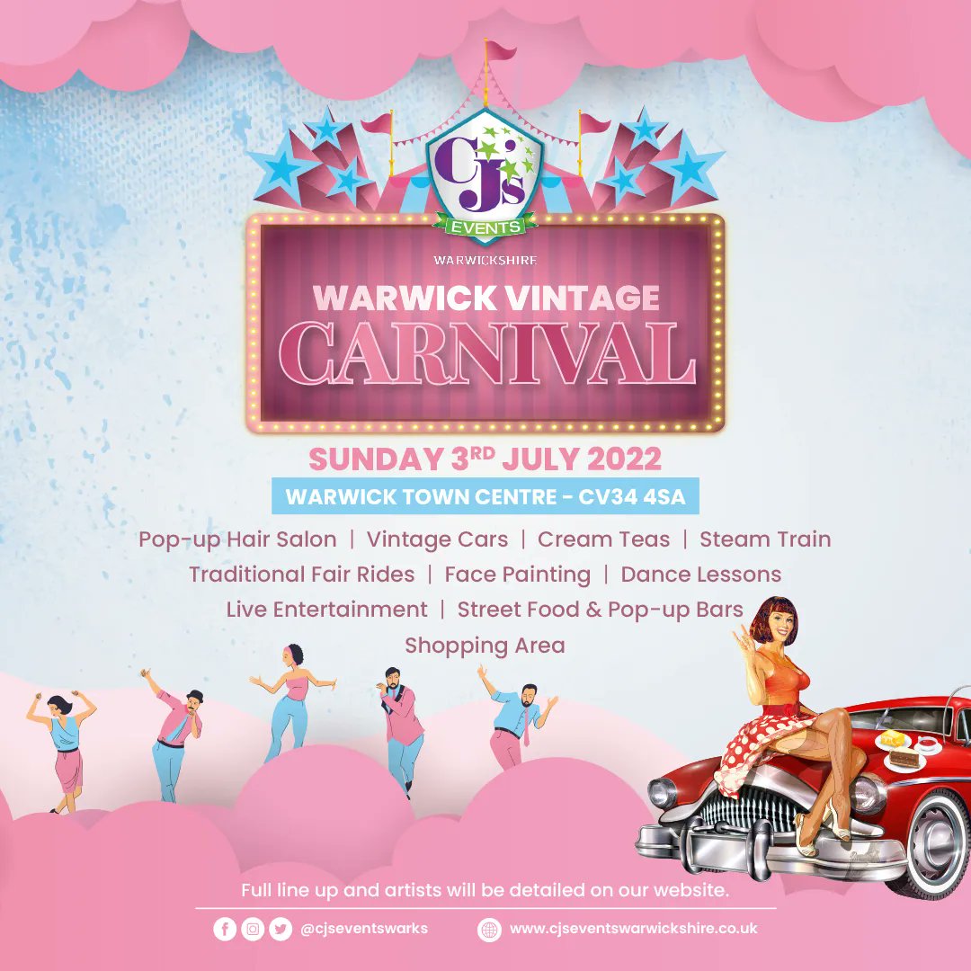 cjseventswarks's tweet photo. WARWICK'S VINTAGE CARNIVAL

📆 Sunday 3rd July
⏰ 10am until 5pm

For more information visit 👉  https://t.co/BuO1dY0Rv5 https://t.co/OJtfJz0N5O