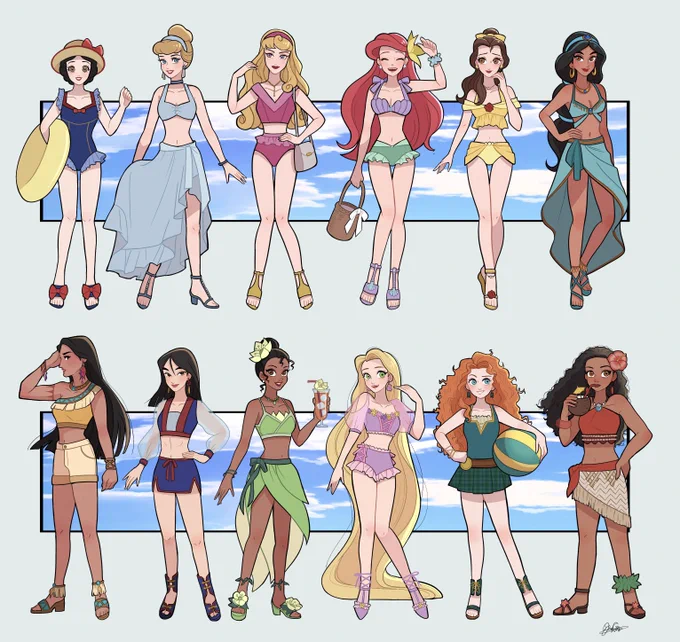 ディズニーのプリンセスやヒロインに色んなお洋服着てもらいたい👗👠👙👒🌈 