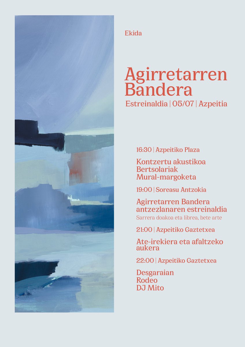 ekidatzen's tweet image. ♦️ 𝗔𝗚𝗜𝗥𝗥𝗘𝗧𝗔𝗥𝗥𝗘𝗡 𝗕𝗔𝗡𝗗𝗘𝗥𝗔 ♦️

Larunbat honetan, maiatzak 7, estreinatuko dugu «Agirretarren Bandera» antzezlana. Gure garaiari buruzko obra da, porrotaren eta krisiaren garaia, eta hari erantzun beharra, oholtzara eramana.