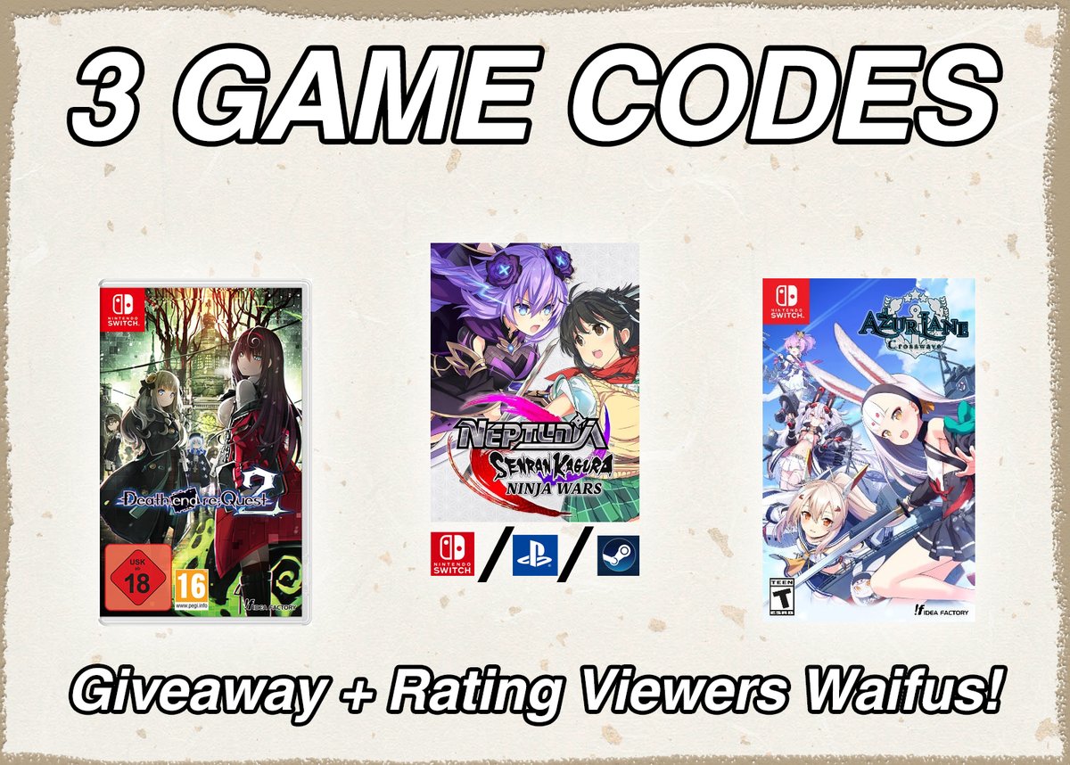 ReefGamesLive's tweet photo. Get ready for a HUGE #WaifuWednesday #GIVEAWAY
To celebrate Golden Week, we're giving away a code each of #NepNinja, #DERQ2 AND #AzurLaneCrosswave! To enter:
⏩ Retweet;
⏩Join https://t.co/G7hdLjxNve at 1.30PM BST
⏩ Stay until the end of the raffle!
Let's rate viewer Waifus! https://t.co/zTEkOhtFiW