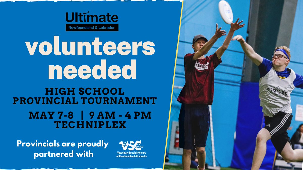 NL_ULTIMATE's tweet photo. Have an hour or two to spare this weekend to help volunteer at our 2022 High School Provincial Tournament this weekend, May 7-8th? We're in need of a few more volunteers!
Check out the schedule to sign up here: https://t.co/O6JWwmX00v
@NLESDCA #vscnl https://t.co/HOGAFbtG9q