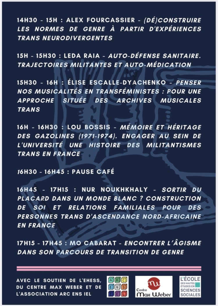 EtudesTransJ's tweet photo. Le programme de la journée est enfin disponible 🌈 
L’inscription est ouverte à tous-tes (académique, militant-e, simple curieux-se …) et se fait sur ce Google Form : https://t.co/lbu0HzCjSH https://t.co/NE4hYJY70S