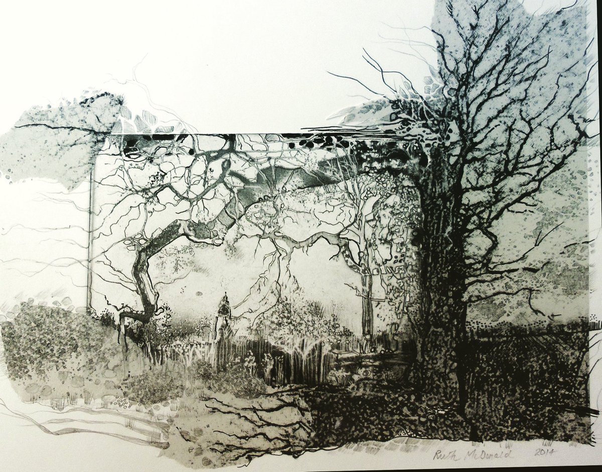 It’s wet in the woods today - here is a mysterious drawing developed from an etching fragment - I love mixed media #drawing #etching #mixedmedia #trees #woodland #art #artist #artwork #MYSTERY