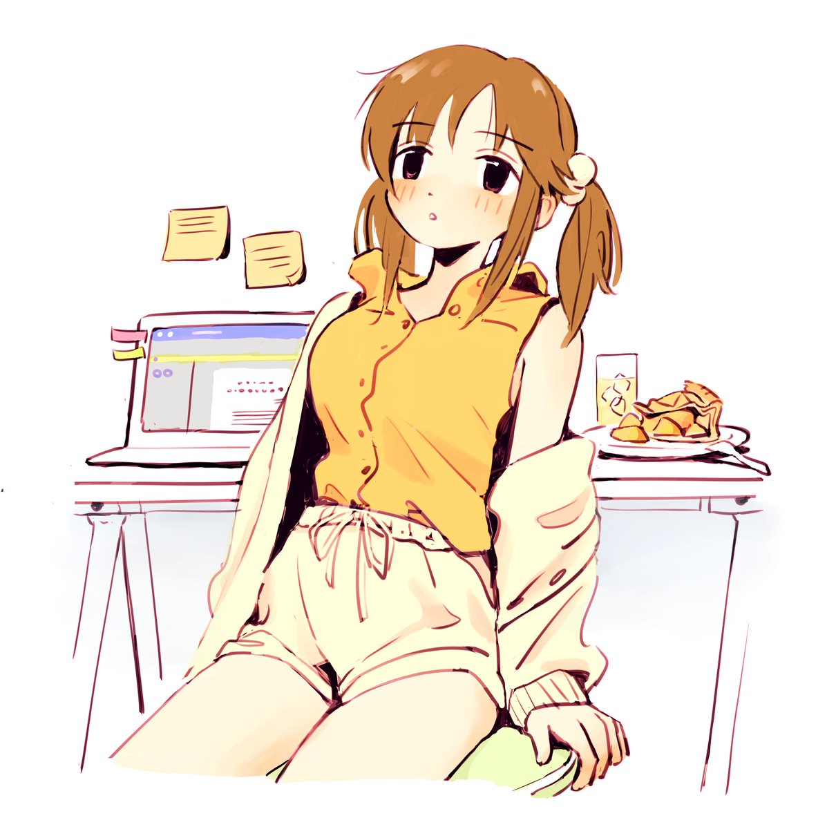 totoki airi 1girl solo shorts twintails shirt sleeveless brown hair  illustration images