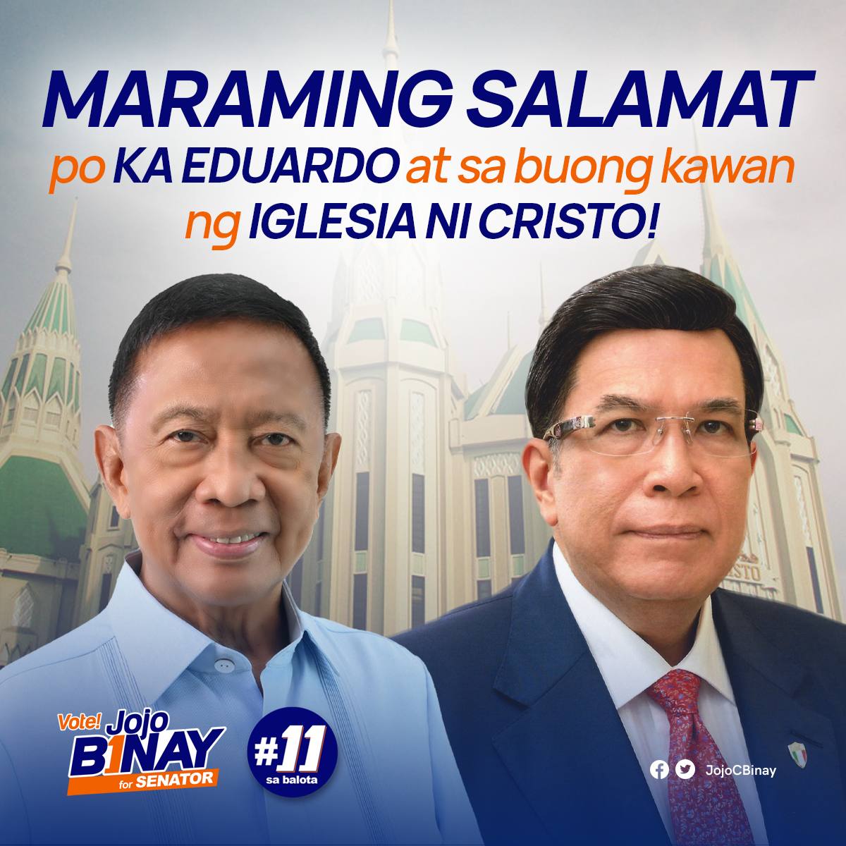 Maraming salamat Ka Eduardo at sa lahat ng bumubuo ng Iglesia Ni Cristo sa inyong pagtitiwala at suporta!

#IglesiaNiCristo
#BinayThereDoneThat 
#BinaySaSenado 
#Binay11SaBalota 
#OnlyBinay