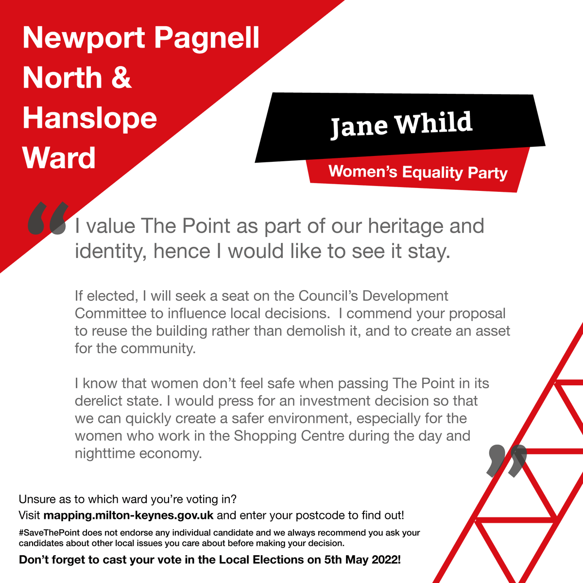 savethepointmk's tweet photo. We've been contacting candidates ahead of tomorrow's #localelections about why we need to #SaveThePoint and #MakeItATalkingPoint. Most did not respond. But if you're voting in the NP North & Hanslope Ward, here's a candidate who did...
#lovemk #miltonkeynes @janewhild https://t.co/PoB3Zw2qG1
