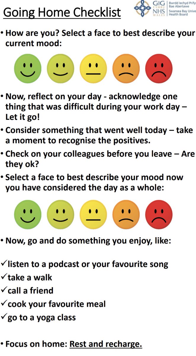 In a step towards supporting emotional wellbeing we are encouraging all our staff to take time for themselves by utilising the new ‘Going Home Checklist' to help support reflection and mindfulness at the end of each working day. #healthwellbeing #nhs #sbuhb #mindfulness #fyp