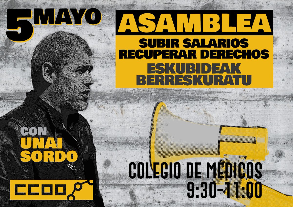 Mañana nos visita <a href="/UnaiSordo/">Unai Sordo</a> en una asamblea en la que abordaremos la subida de precios, la reforma laboral, los salarios y otras reivindicaciones sindicales de actualidad. ¿Nos acompañas? 

📍 9:30 H. Colegio de Médicos, Pamplona