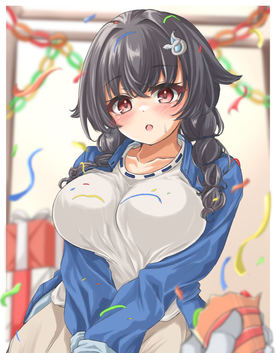 jingei (kancolle) 1girl black hair red eyes breasts hair flaps large breasts official alternate costume  illustration images