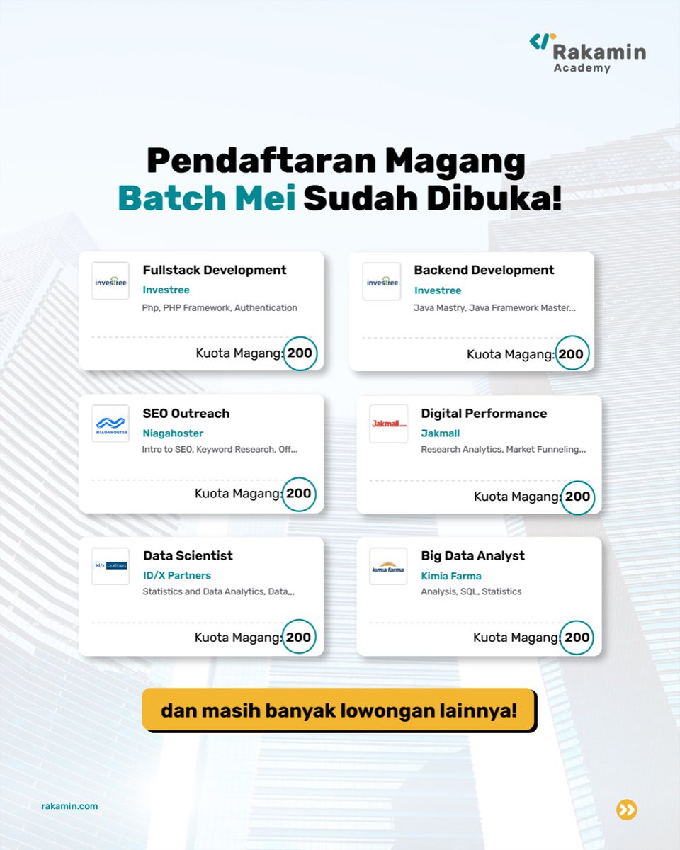 seputarkampus's tweet photo. Virtual Internship Experience
Lebih dari 5.000 lowongan magang virtual di perusahaan ternama setiap bulannya tersedia di sini! 😎
Apply di sini!
https://t.co/jBKoMmCIFa
DL: 6 Mei 2022
Kuota terbatas! 🔥
#Rakamin #RakaminAcademy #magangupdate #magang #internship #infomagang https://t.co/wsDyii9j5h
