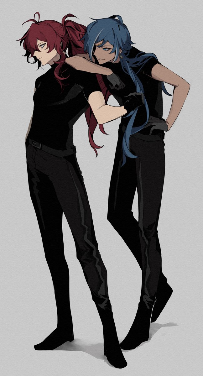diluc (genshin impact) ,kaeya (genshin impact) multiple boys 2boys blue hair red hair long hair pants male focus  illustration images
