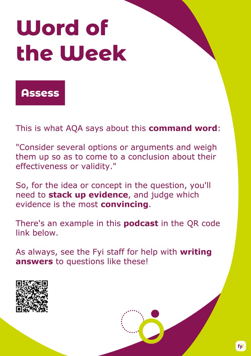 FYiBlackpool6th's tweet image. Our Word of the Week is ‘Assess’, which is frequently used in exam questions.  Understanding the meaning helps to answer the question. @BlackpoolSixth #WordoftheWeek #exams #commandwords