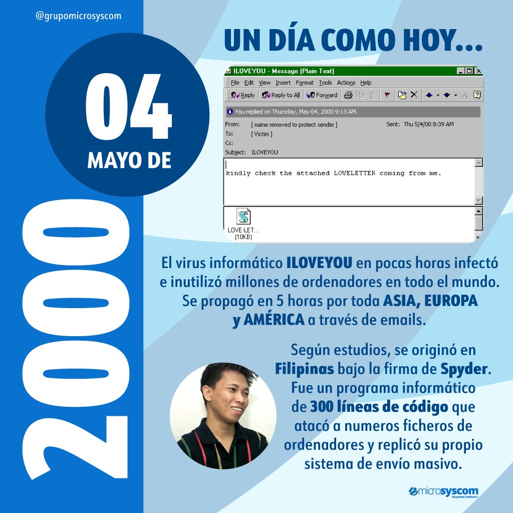 ¿Sabías que #UnDiaComoHoy, en el 2000, el #virus  malicioso #ILOVEYOU infectó a numerosos ordenadores en toda Asia, Europa y América?😟💻 Se originó en Filipinas y paralizó una gran cantidad de empresas e instituciones en todo el mundo. #microsyscom #protección