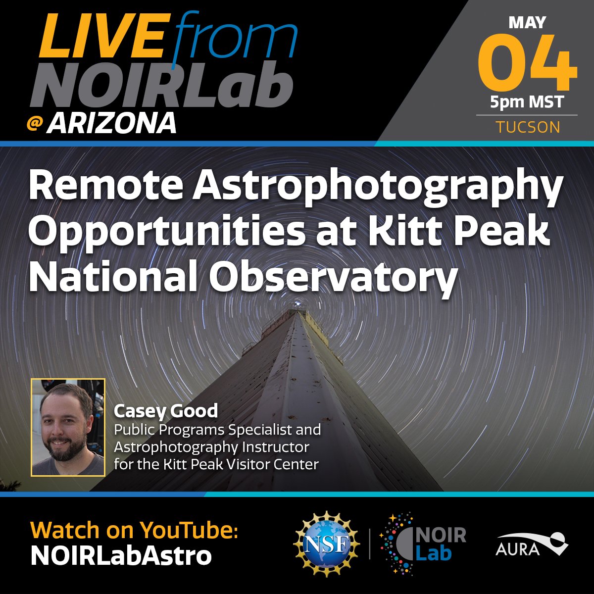 KittPeakNatObs's tweet image. Join us for the next #LiveFromNOIRLab on Wednesday, 4 May at 5:00pm MST to learn about “Remote Astrophotography Opportunities at Kitt Peak National Observatory” with Casey Good. Watch at youtu.be/CNRRC43UEoE #DiscoverTogetherJ