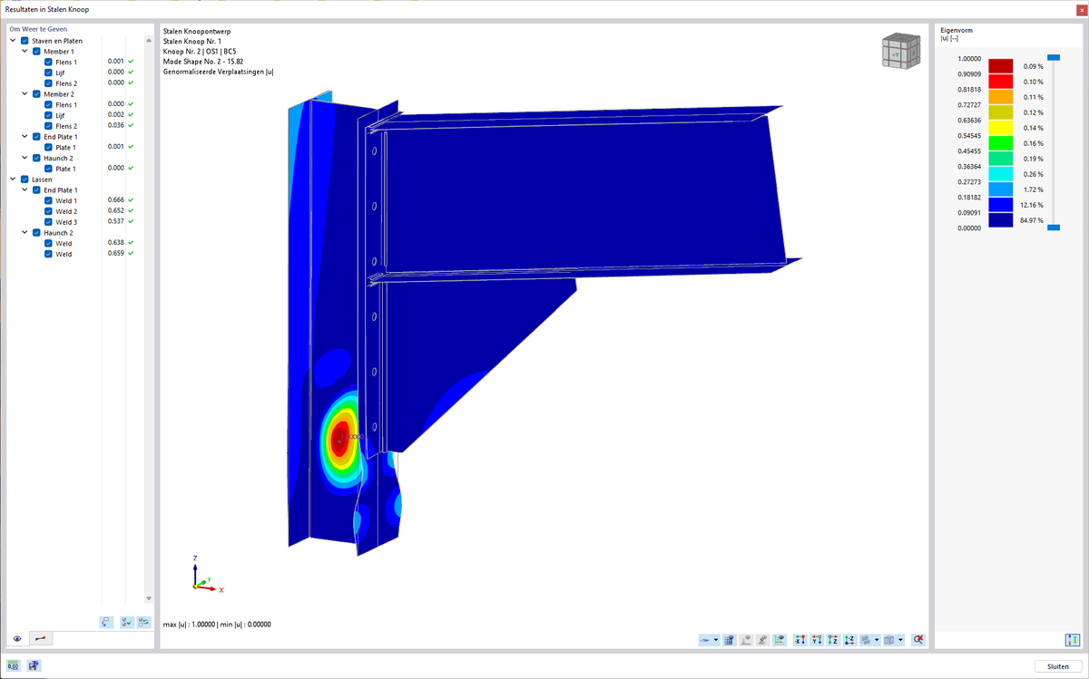 Plooien van het Lijf in RFEM 6 Steel Joints.

In Steel Joints wordt met eindige elementen de krachtswerking en de knik-/plooivormen bepaald. Vervolgens wordt volgens de Eurocode EN 1993-1-8 per component de weerstand bepaald en gecontroleerd met de optredende spanningen/krachten.