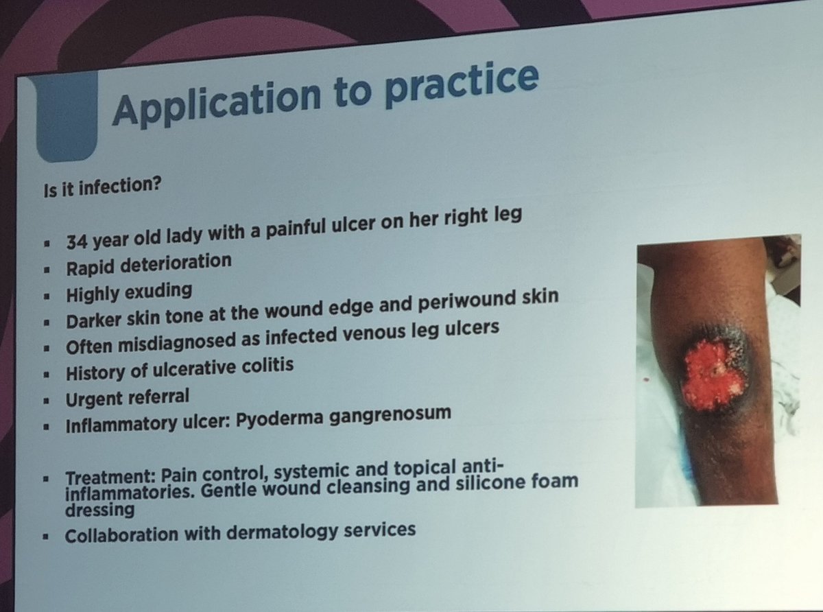 JacquiFletcher3's tweet photo. Change in skin colour around the wound is not always infection, Caroline Dowsett cautioning about others causes of #inflammatory #skinchanges in dark #skintones @Wounds_UK https://t.co/KIrO57wf4V