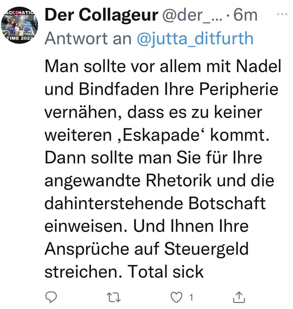 jutta_ditfurth's tweet photo. „Man sollte mit Nadel und Faden Ihre Peripherie zunähen“. Warum nicht gleich Beschneidung? Übelster Tweet des Tages. - Bisher.
#Abtreibung #WegMit§218 https://t.co/Euwvb3CYZP