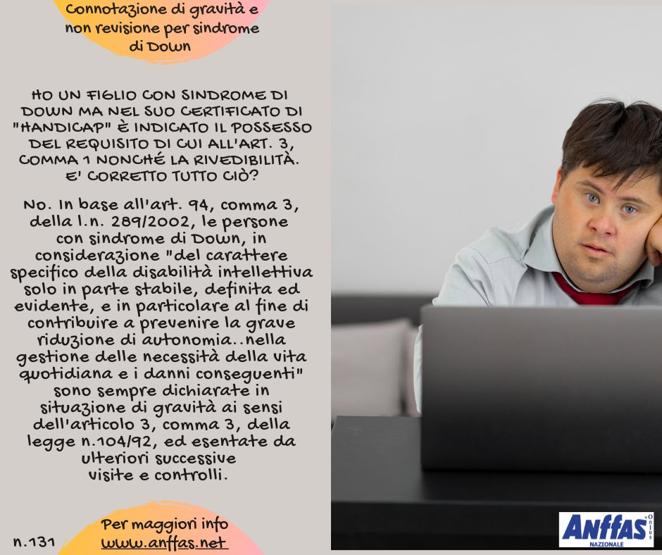 🔎 Gli approfondimenti #Anffas in pillole ‼
📌 Pillola n. 131 - Ho un figlio con sindrome di Down ma nel suo certificato di "handicap" è indicato il possesso del requisito di cui all'art. 3, comma 1, nonché la rivedibilità. È corretto❓

ℹ Per info 👉  anffas.net/it/news/16909/…